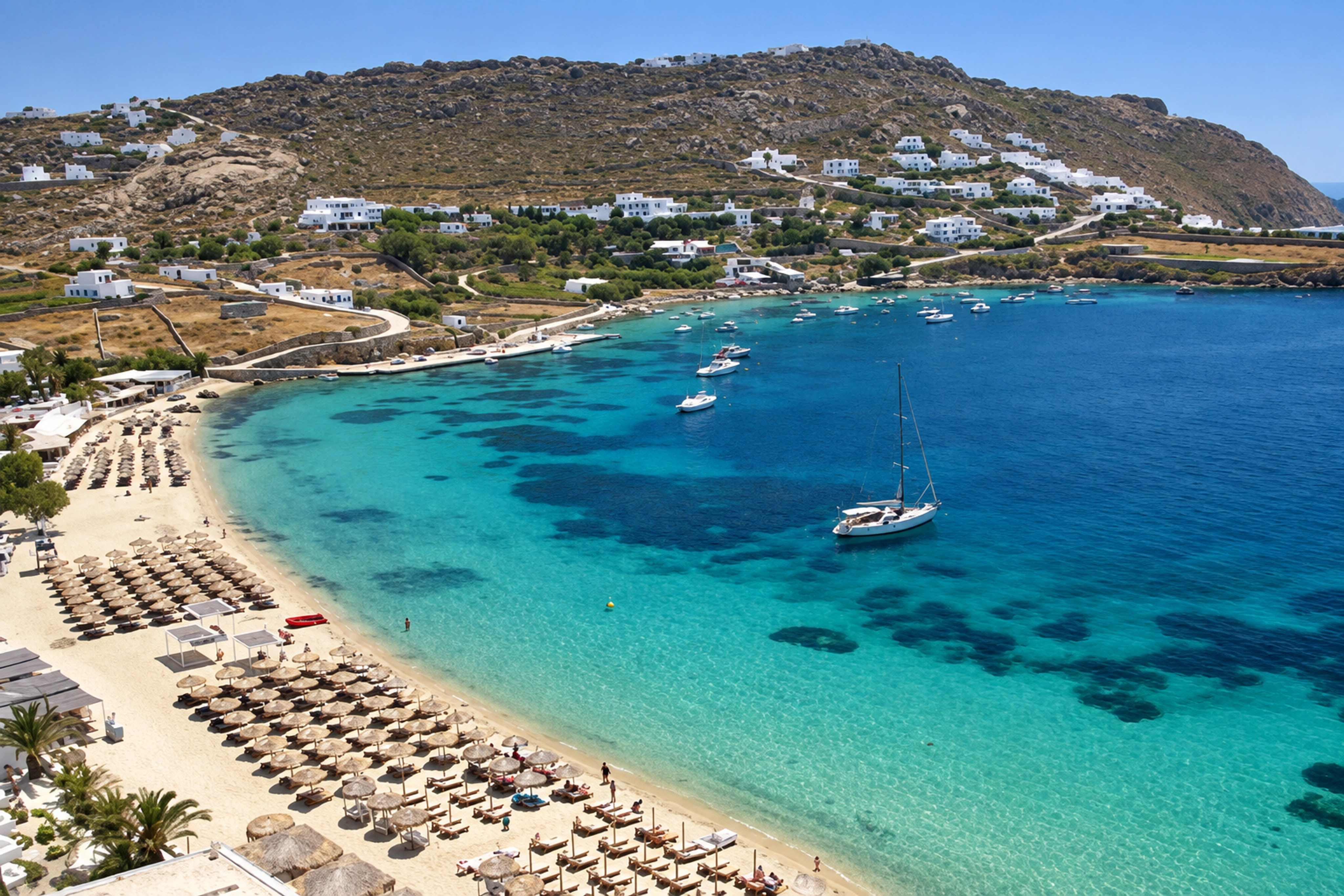 Clear turquoise water and the sandy shore of Ornos Bay in Mykonos